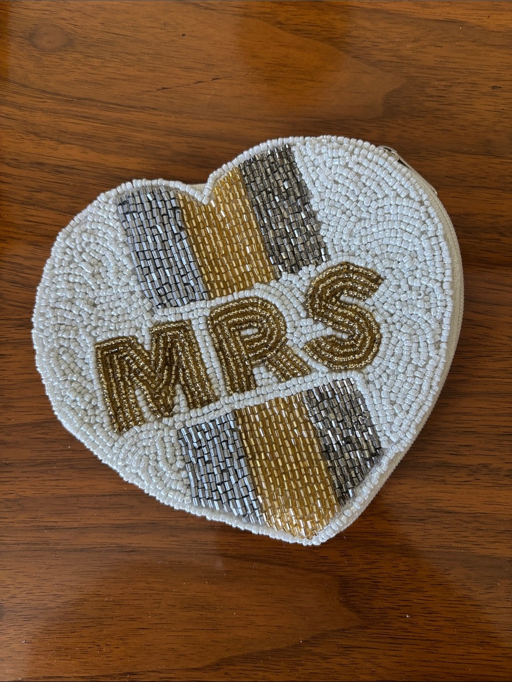 Beaded Heart 'MRS' Pouch - White, Gold & Silver